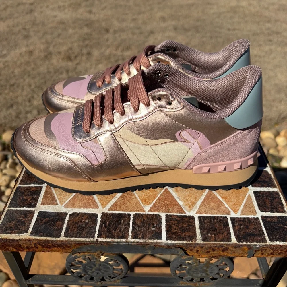 Valentino Garavani Rockrunner Leather & Suede Camouflage Sneakers Size 37.5 - Picture 10 of 11